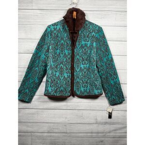 Parisian Signature NWT Women's 12 Teal Brown Damask Jacket Collar 1248